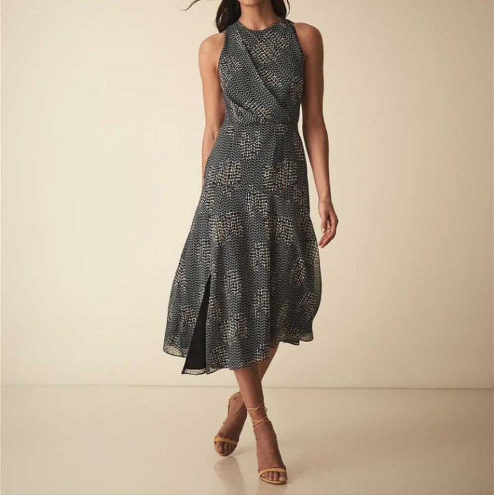 Reiss Naima Bow Detail Midi Dress In Navy and Gold Print Size 6